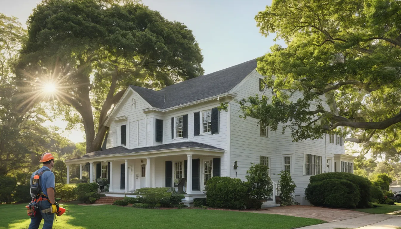 A tall tree beside a colonial home in Purcellville being inspected by a tree care provider